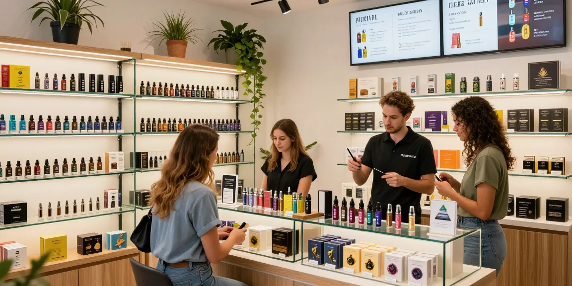 muha med products displayed in a modern vape shop atmosphere with customers browsing.