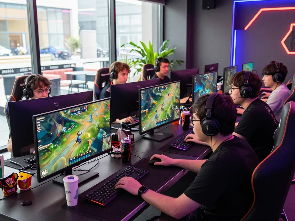 Engaged gamers enjoying Esports betting Singapore in a vibrant gaming lounge with screens displaying live matches.