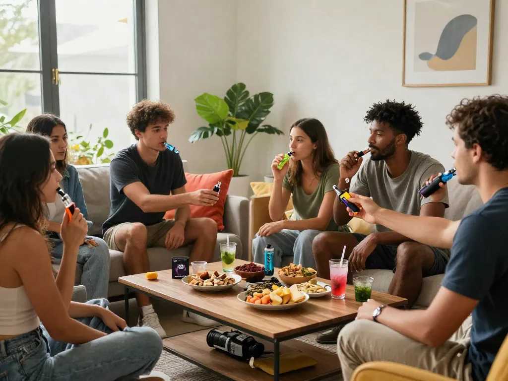 Group enjoying cheap disposable vapes in a bright, modern living room, highlighting a wellness-focused social gathering with natural ambiance.
