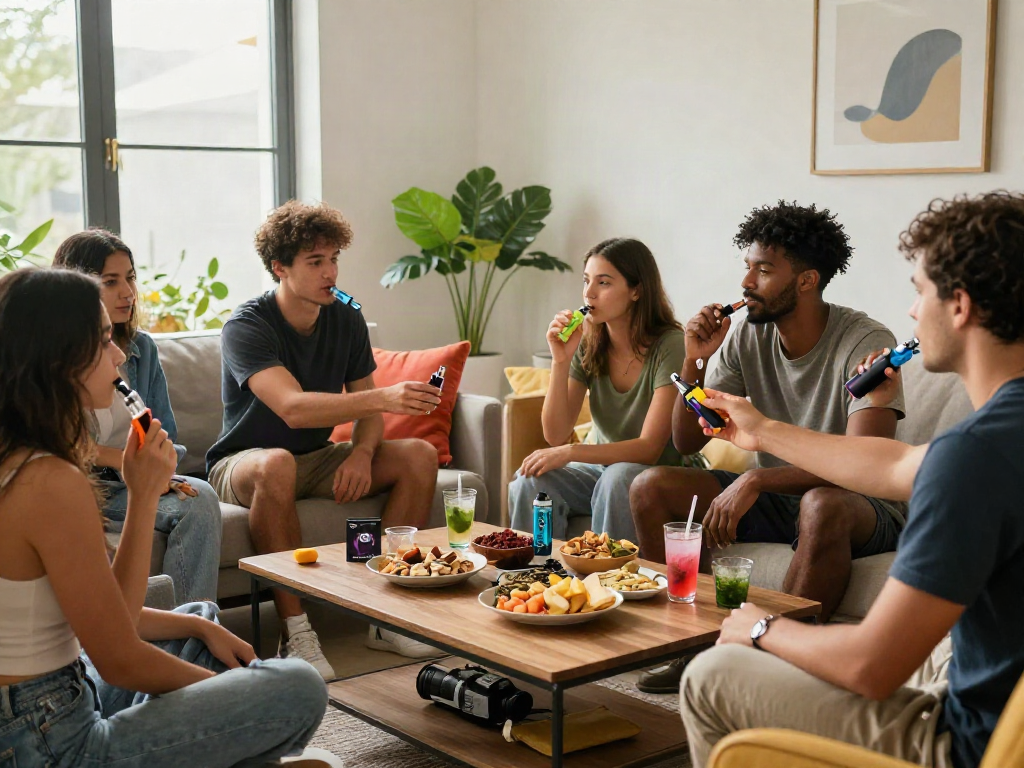 Group enjoying cheap disposable vapes in a bright, modern living room, highlighting a wellness-focused social gathering with natural ambiance.
