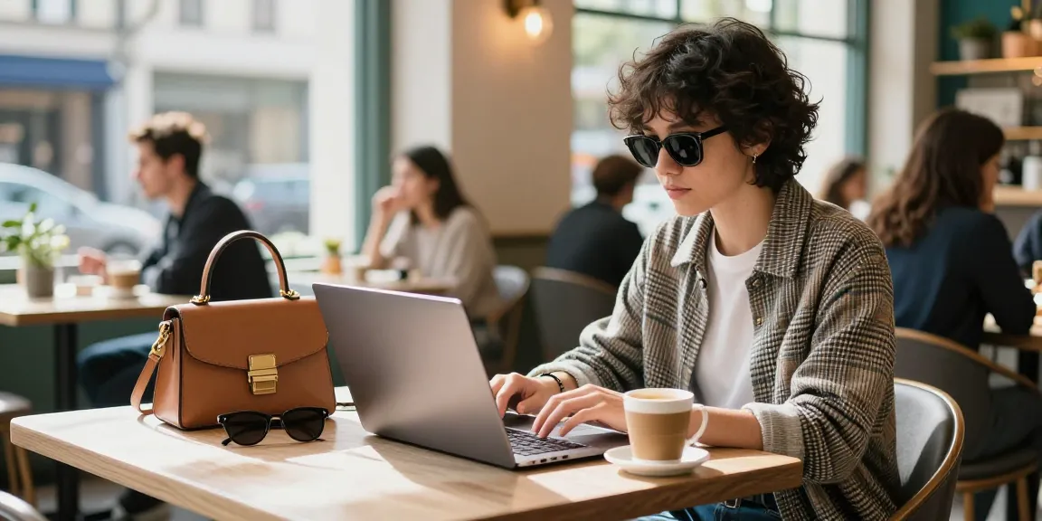 Person engaging with fashion online at https://shs-dome5.com/ in a vibrant cafe atmosphere.
