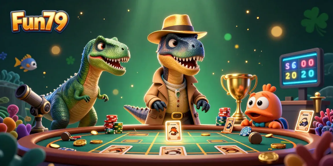 Experience thrilling gameplay at Fun79 with a velociraptor card counter and vibrant fishing elements.