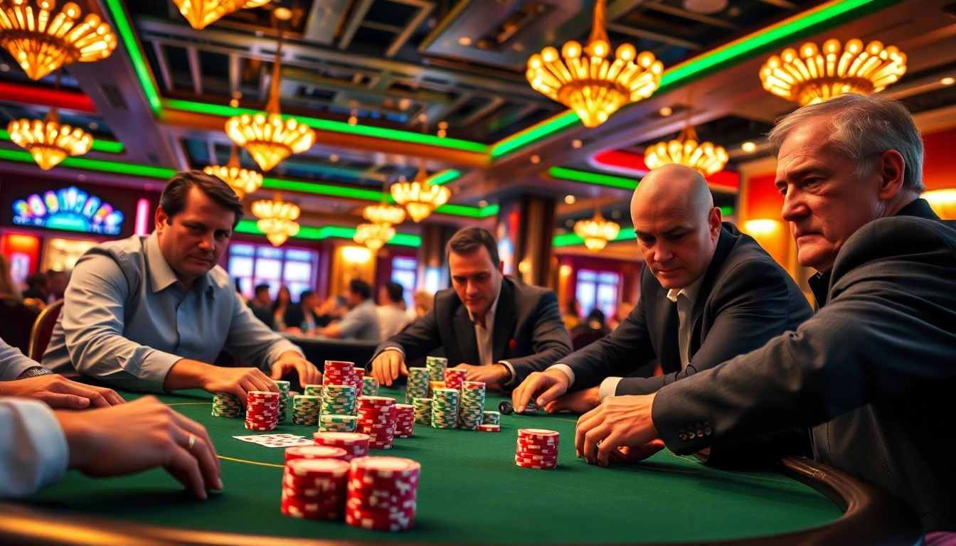 Permainan kasino bbni4d di meja poker yang ramai dengan pemain dan chip berwarna-warni.