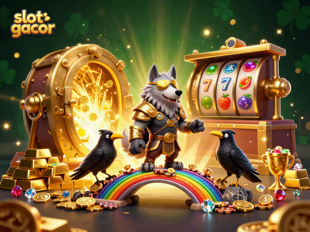 Engage with slot gacor gaming in a vibrant 3D scene featuring dynamic casino elements.