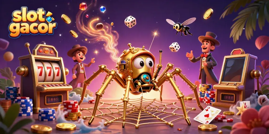 Experience thrill with slot gacor as a golden spider weaves a web of fortune surrounded by colorful casino elements.