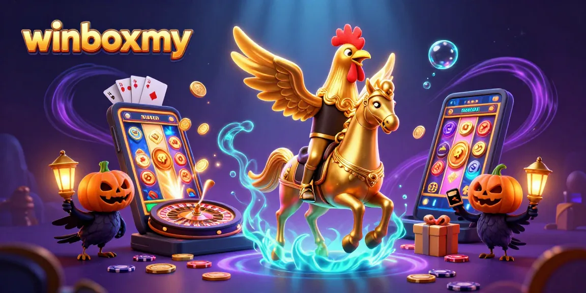 WinboxMY showcases vibrant gaming with a golden rooster in a dynamic casino scene.