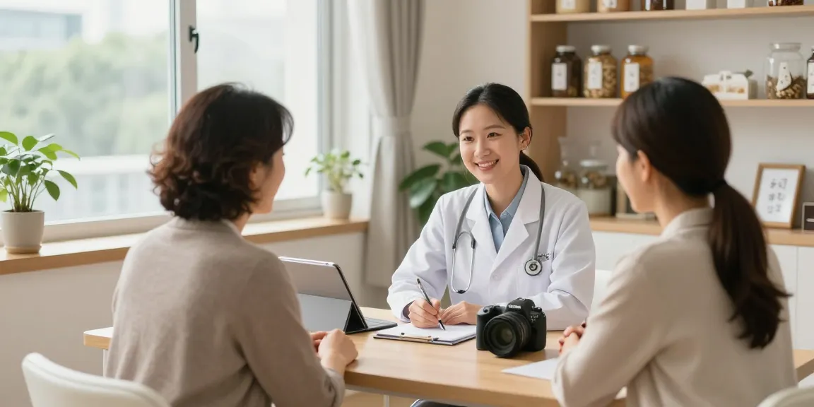Consultation at 영통한의원, where friendly healthcare professional engages with a patient in a bright, welcoming clinic environment.