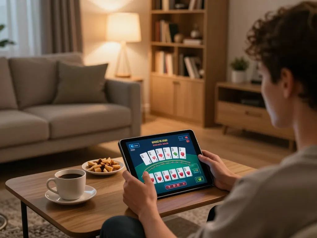 Player enjoying BJ88 online blackjack on tablet in a cozy home setting.