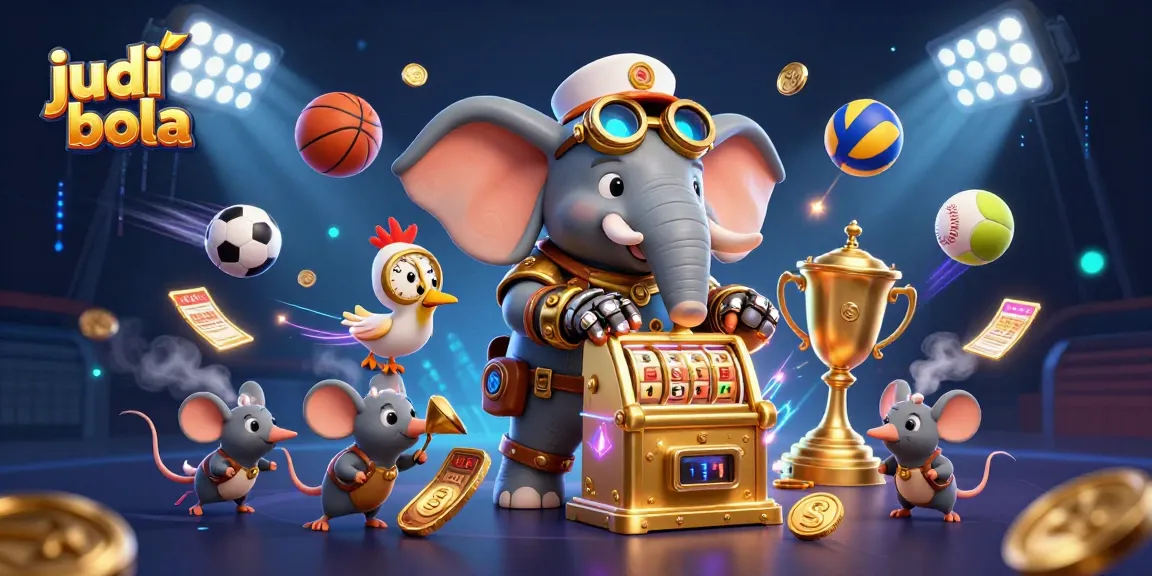 Bet on judi bola with a dynamic 3D illustration of an elephant engineer operating a golden slot machine with sports elements.