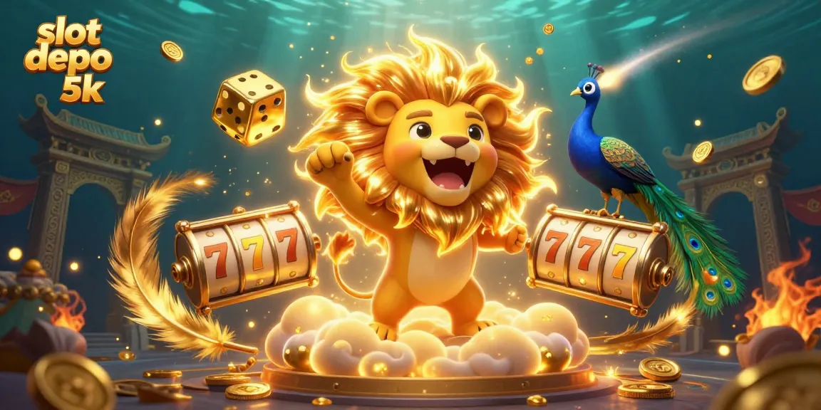 Experience excitement with slot depo 5k as golden dice and a roaring lion create a vibrant casino scene.