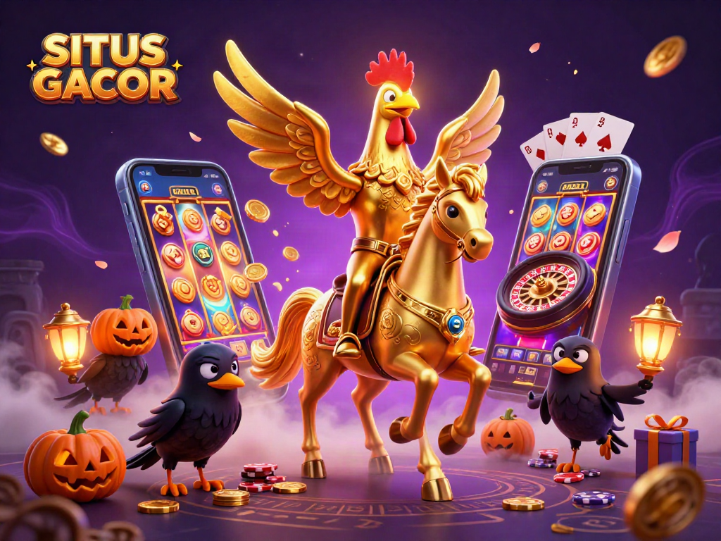 SITUS GACOR showcases a golden rooster and spectral horse in a dynamic casino scene.