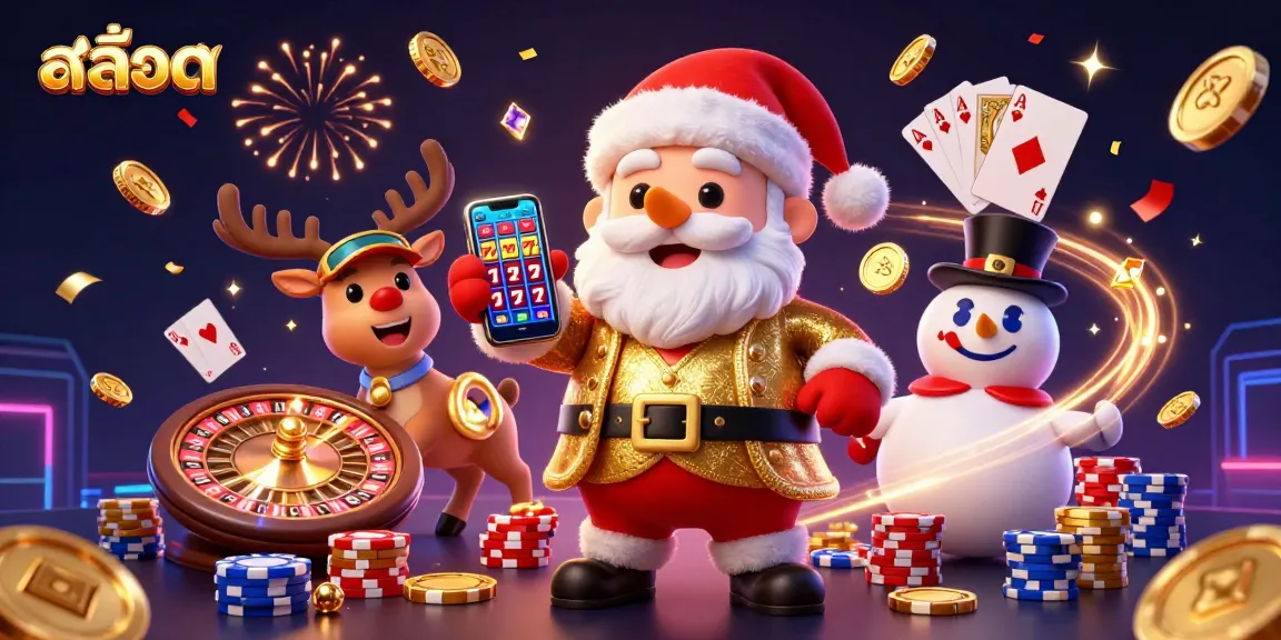 Win big with สล็อต as Santa Claus celebrates in a vibrant casino scene.