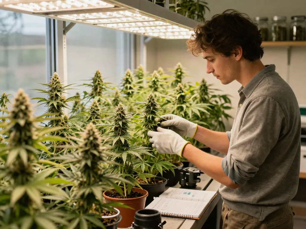 Expert gardener nurturing F1 triploid seeds in a bright cannabis grow room.