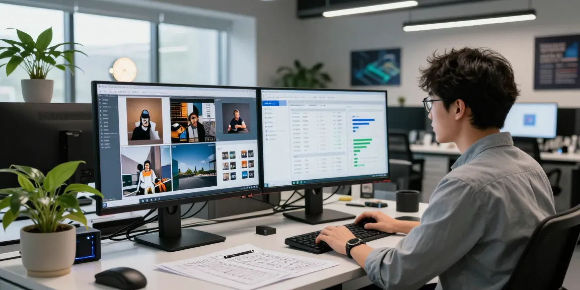 AI detector in action analyzing JPG and PNG images on dual screens in a modern lab.