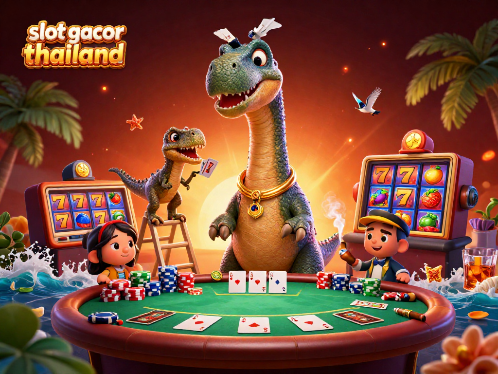 Experience slot gacor thailand with playful cartoon dinosaurs in a vibrant casino scene.
