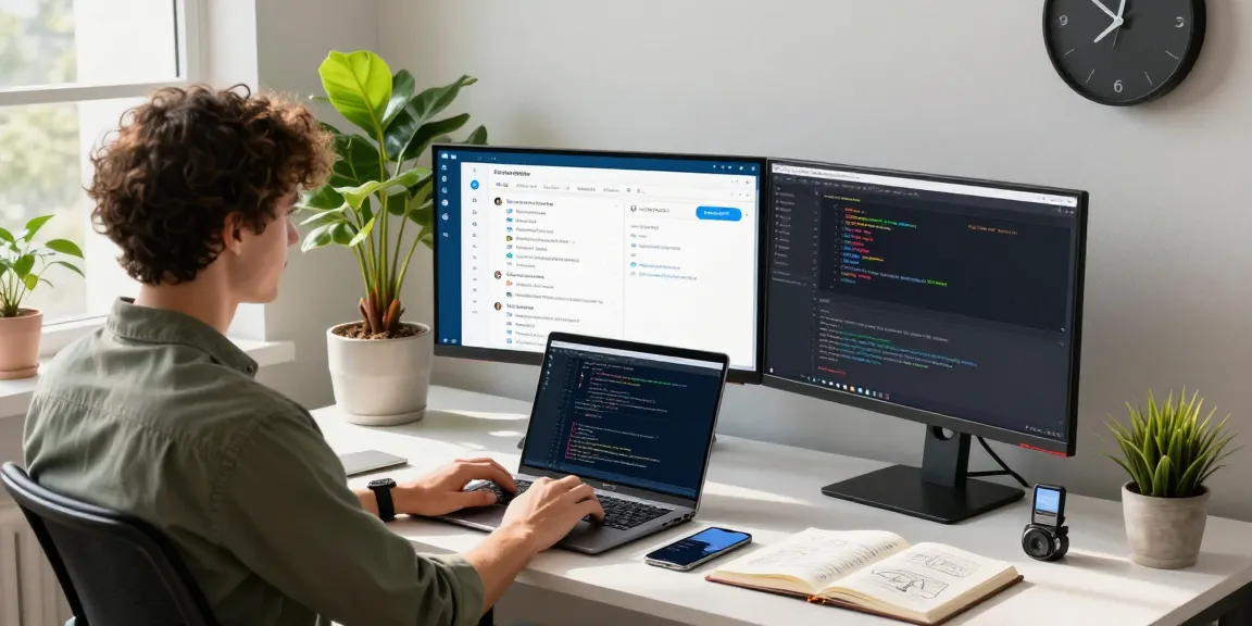 Dynamic workspace showcasing Telegram Download features on monitors amidst a professional tech setting, promoting communication and productivity.