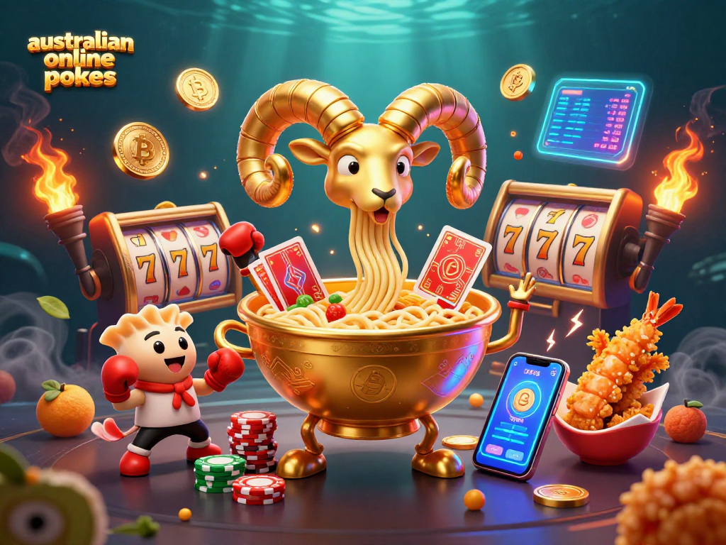 Experience thrilling australian online pokies with a dynamic illustration of a golden ramen bowl dealer and vibrant game elements.