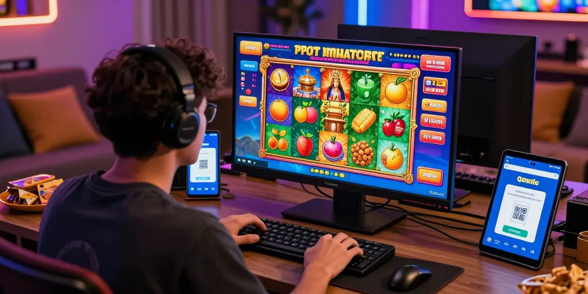 Player enjoying slot depo 1000 game on desktop with vibrant graphics and QRIS payment app open, evoking excitement in online gambling.
