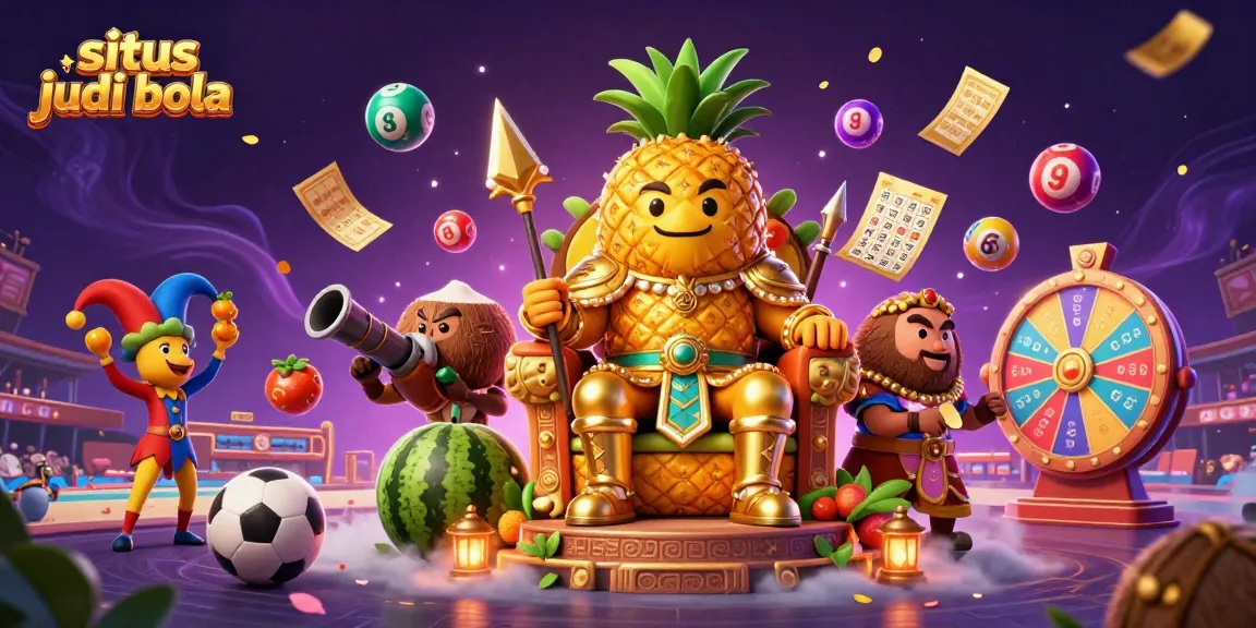 Situs judi bola showcases a vibrant scene with a pineapple king and dynamic gambling elements.