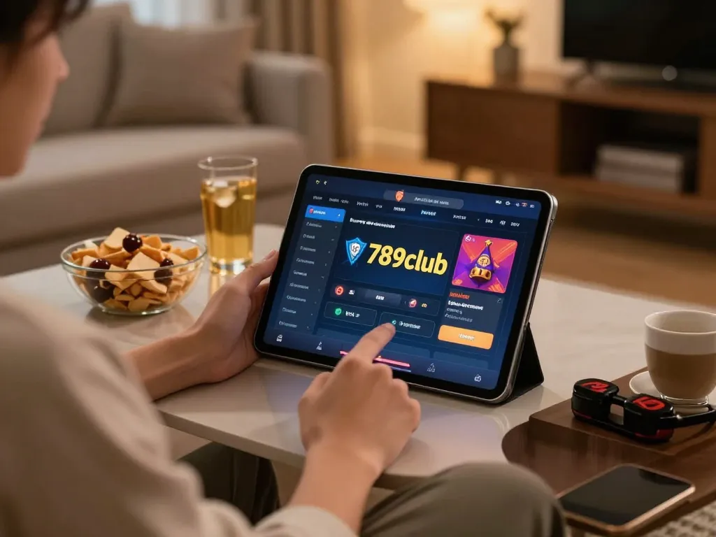 Engaging in online gameplay at 789club with tablet, cozy home atmosphere, responsible gaming in focus.