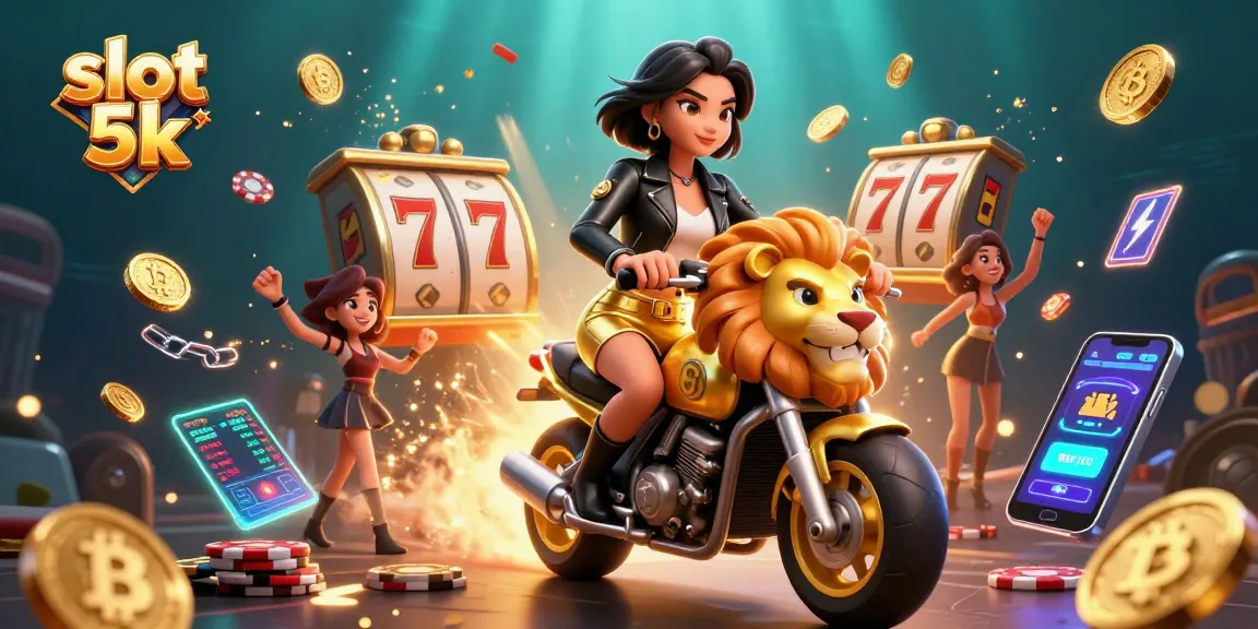 Experience slot 5k excitement with a glamorous woman riding a golden lion mascot amidst electrifying game elements.