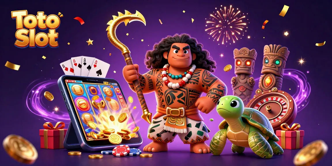 Experience thrilling Toto Slot action with a vibrant illustration featuring a demigod and dynamic gaming elements.