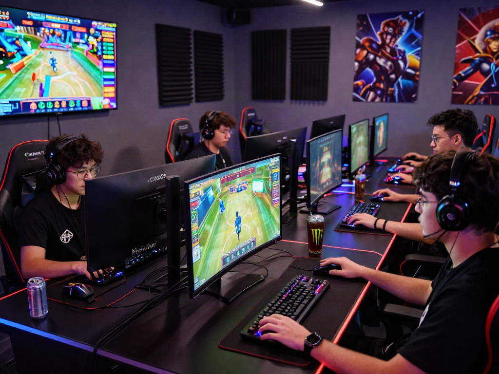 Engaged gamers using rokok88 link for an immersive online casino experience in a vibrant gaming setup.