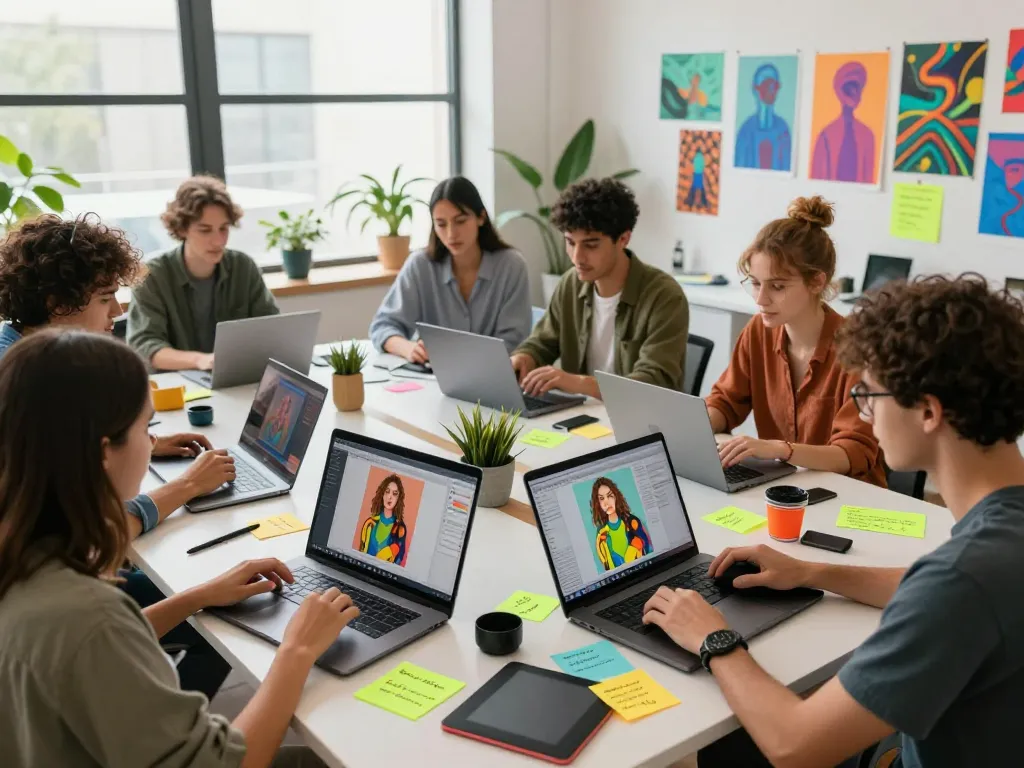 Artists collaborating in a vibrant studio using the nano banana AI image editor to generate creative visuals.