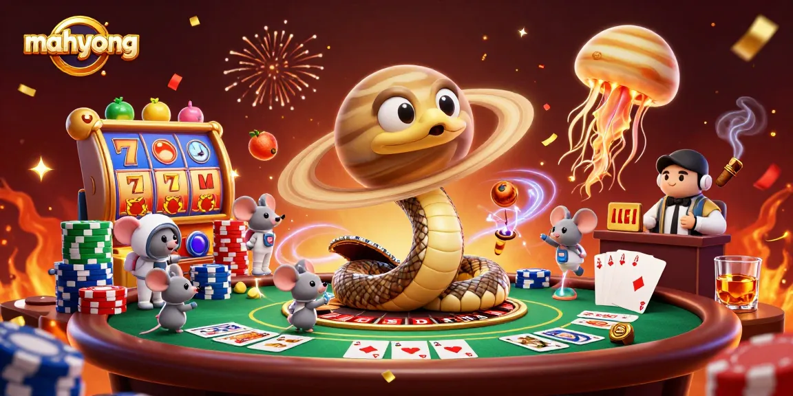 Play mahyong with a 3D Saturn ring snake and cosmic dealer in a vibrant casino scene