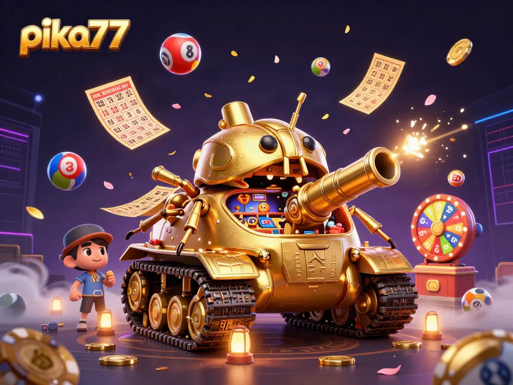 Engage with pika77's vibrant casino elements in an imaginative 3D scene featuring playful lottery and gaming effects.