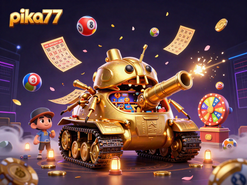 Engage with pika77's vibrant casino elements in an imaginative 3D scene featuring playful lottery and gaming effects.