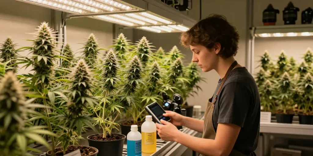 Feminisierte Cannabissamen kaufen displayed in a vibrant indoor grow room with lush female plants.