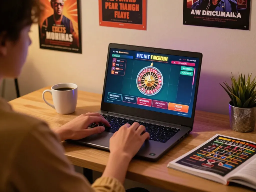 Engaged user playing roulette on fly88 online casino platform in cozy home setup.
