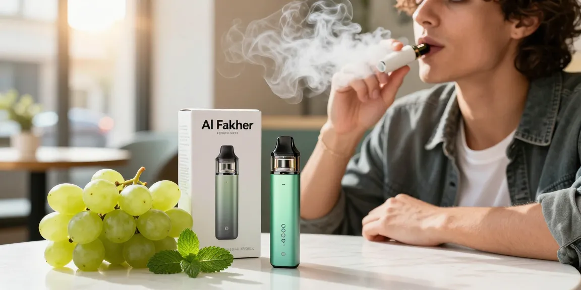 Al Fakher Grape Mint 8000 Vape auf einem stilvollen Tisch mit frischen Trauben und Minzblättern.