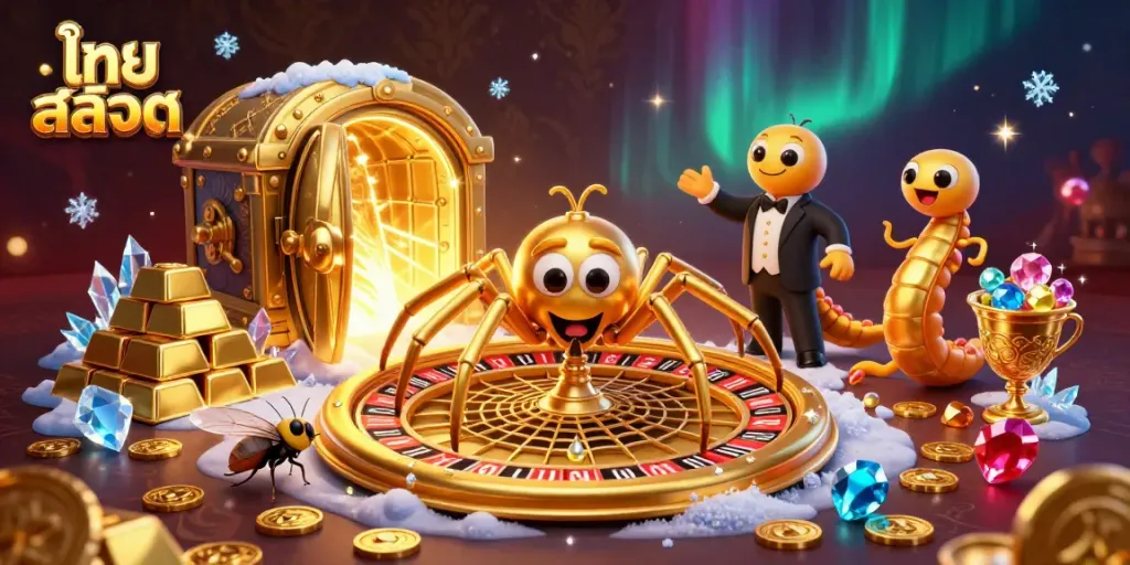 Engage in ไทย สล็อต gaming with a creative representation of a spider spinning a roulette wheel.