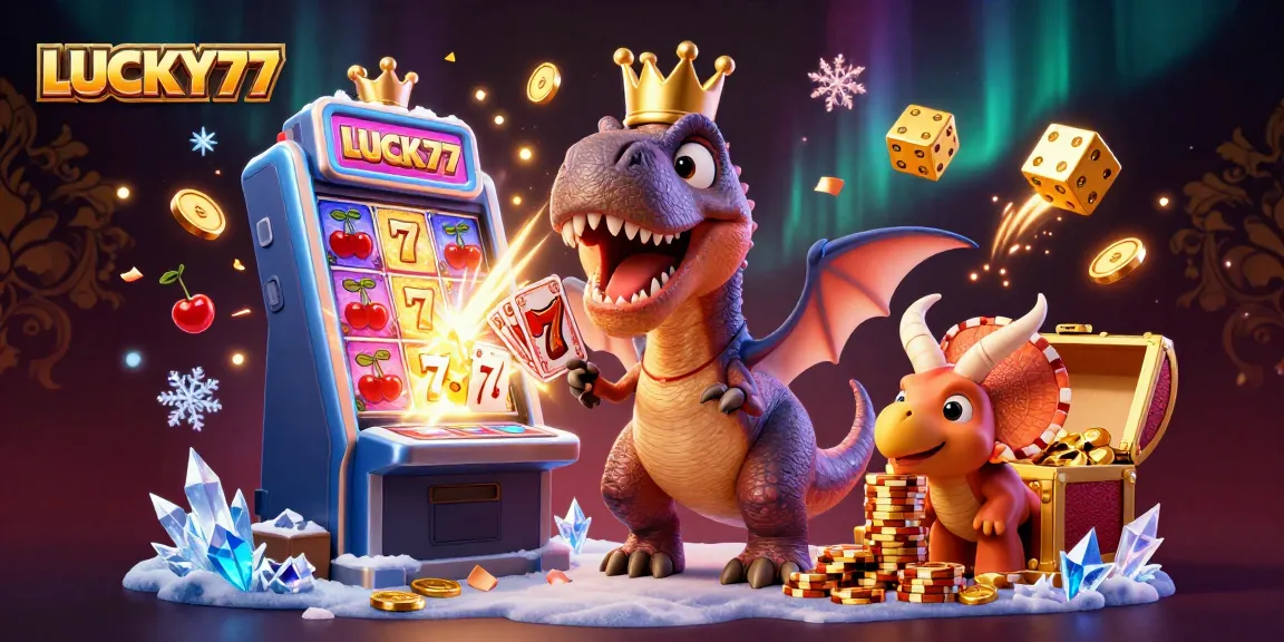 LUCKY77 jackpot scene with T-Rex and friends enjoying casino fun.