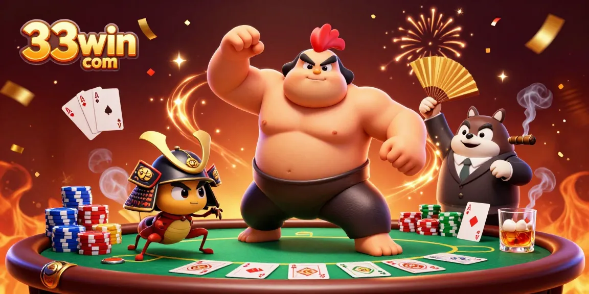 Experience thrilling games at 33win com while a powerful sumo rooster faces a fierce cricket in a vibrant casino.