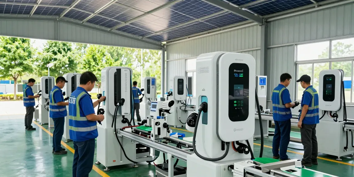 Portable EV charger factory showcasing technicians assembling innovative EV chargers in a sustainable environment.