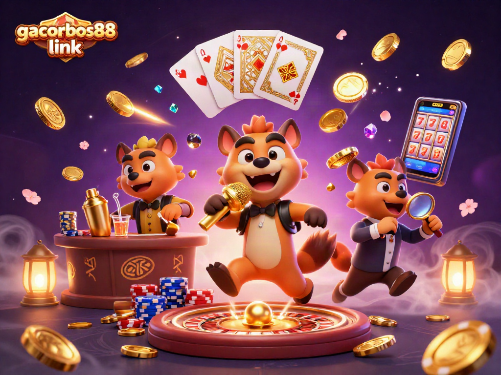 Experience the excitement of gacorbos88 link in a vibrant casino scene with hyenas and golden elements.