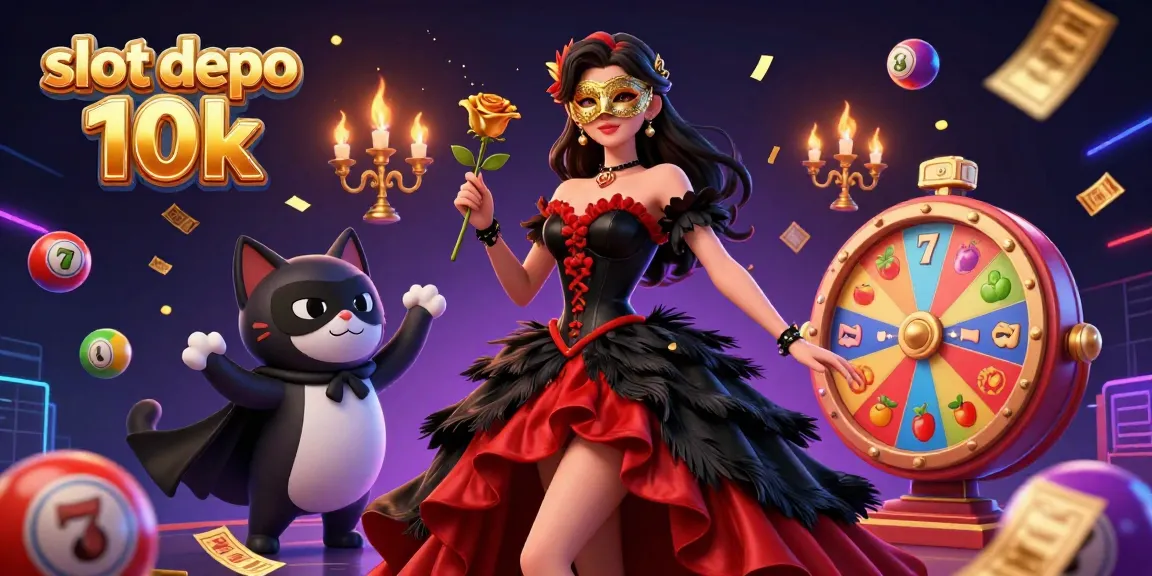 Engage with the thrilling slot depo 10k illustration, featuring a glamorous scene of vibrant action and classic casino elements.