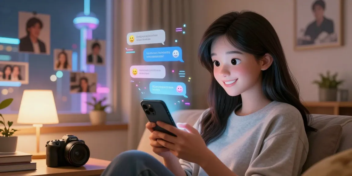Interactive moment with an AI girlfriend on a smartphone in a cozy digital space.