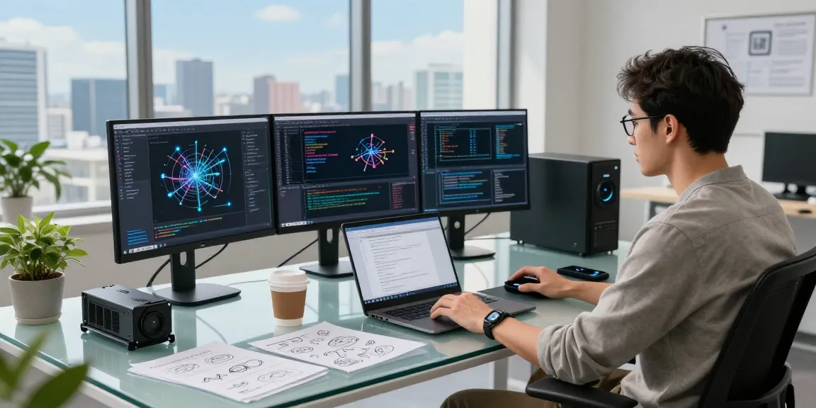 Engaging workspace showcasing koboldai development with monitors displaying AI simulations and code.
