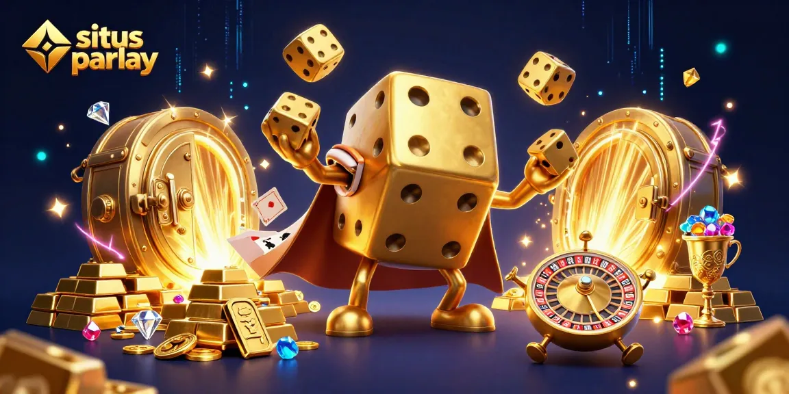 Engage in situs parlay with golden dice golem juggling, vibrant casino elements, and rich rewards.
