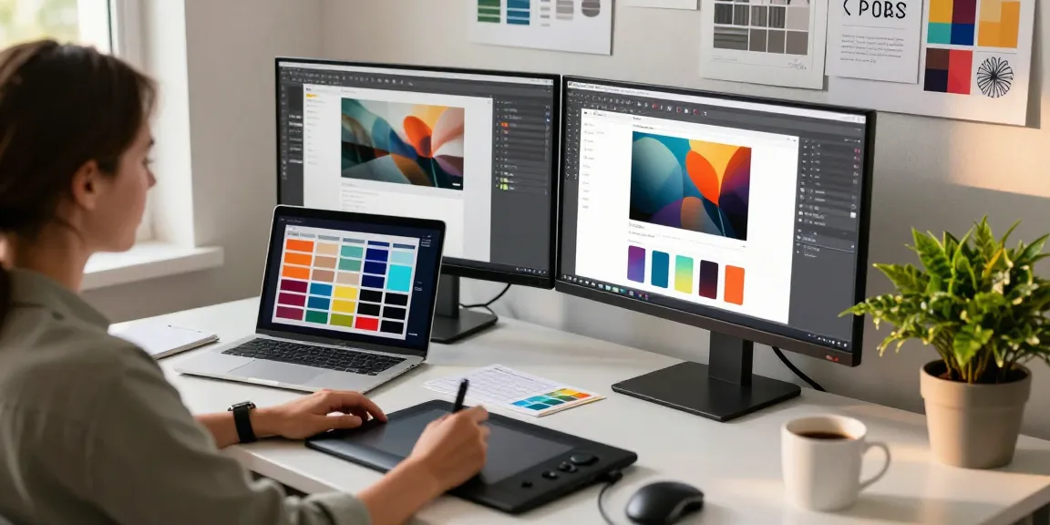 Discover snipaste下载 in action at a creative workspace, featuring dual monitors with vibrant designs and essential design tools.