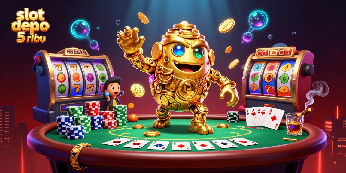 Engage with slot depo 5 ribu featuring a golden golem, vibrant slot reels, and poker chips.