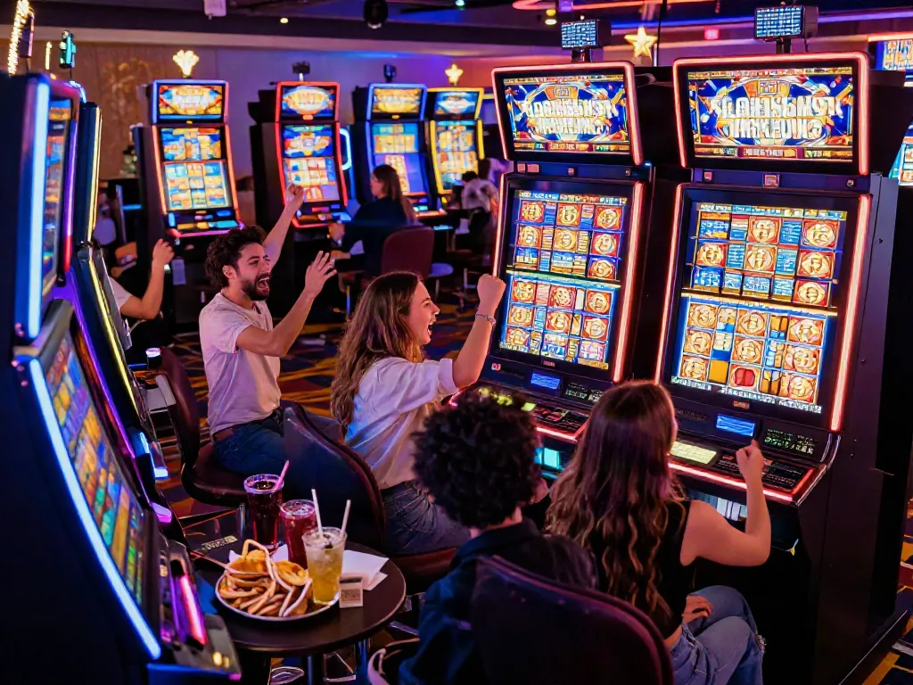 Excited friends celebrating a slot jackpot win in a lively casino atmosphere.
