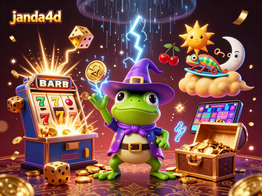 JANDA4D menghadirkan ilustrasi menarik dengan permainan slot dan karakter fantasi beruang cuaca dikelilingi koin emas.