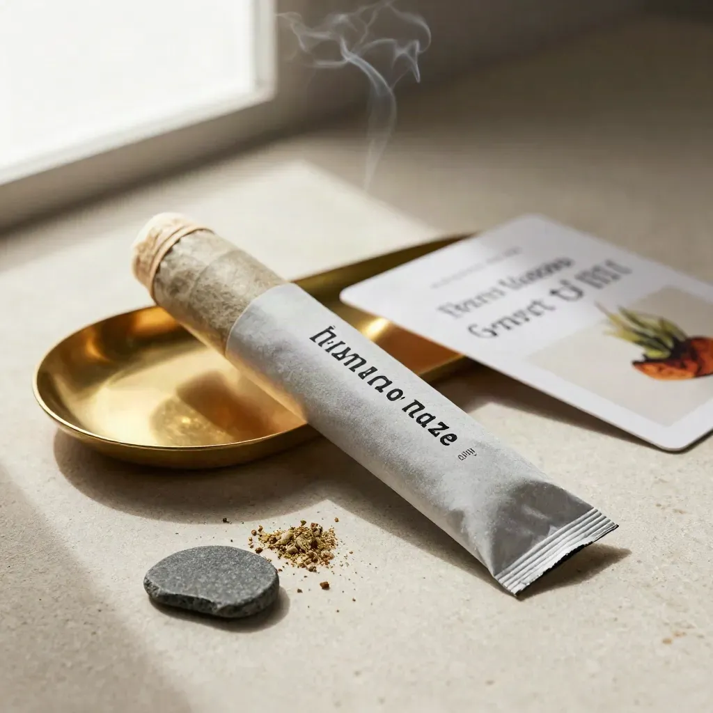 Unbranded mango haze pre-rolls beside brass tray, stone chip and drifting vapor