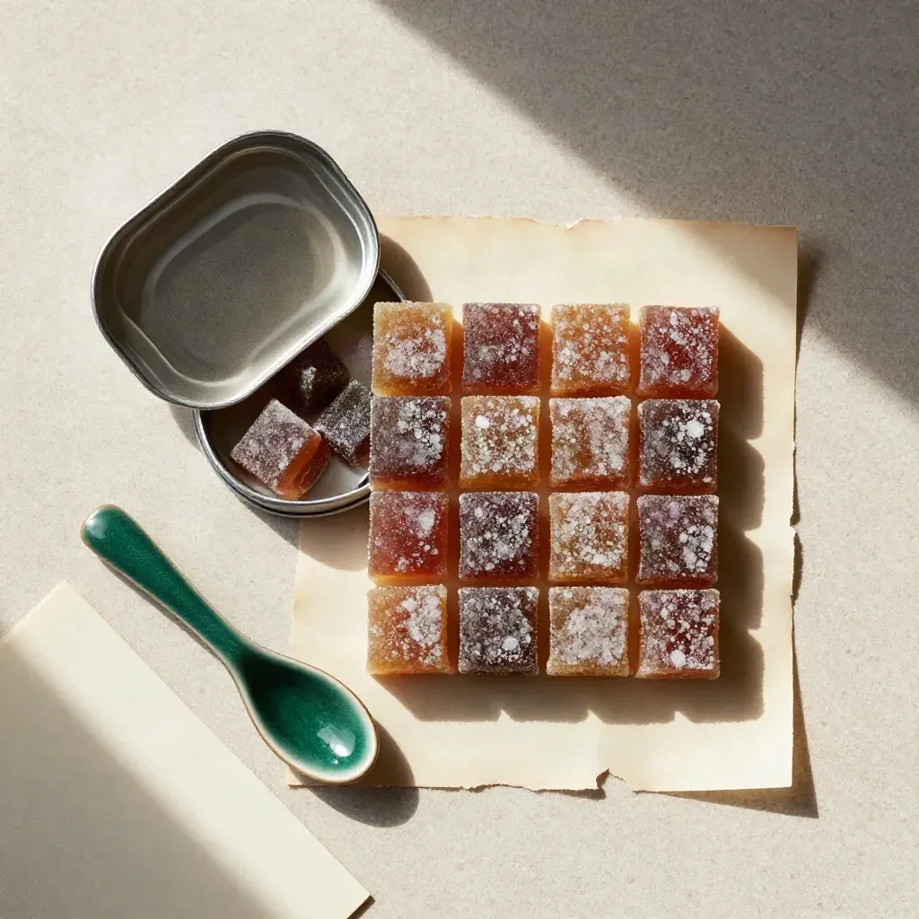 Overhead flatlay of berry gummies in an open tin with parchment and a ceramic spoon on pale stone.