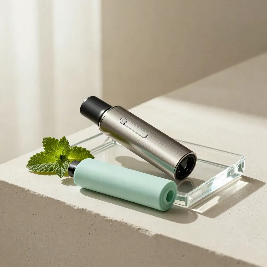 Mint vape cart with case, glass tray and mint leaf on pale plaster, lit softly from the side.
